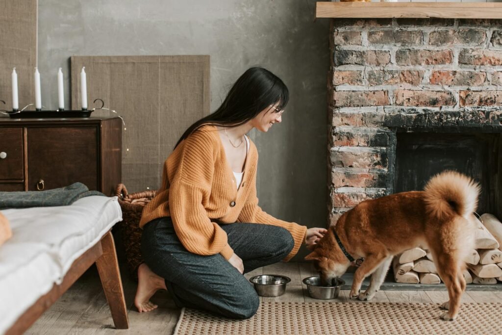 A Woman dog snacking a Dog at Home